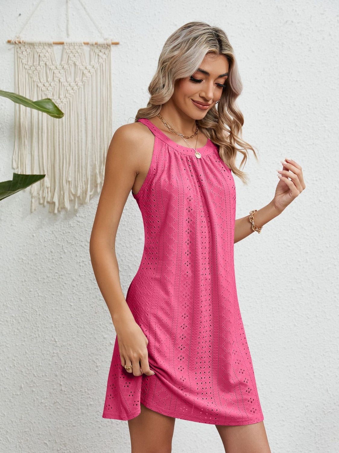 Eyelet Grecian Neck Mini Dress - store name